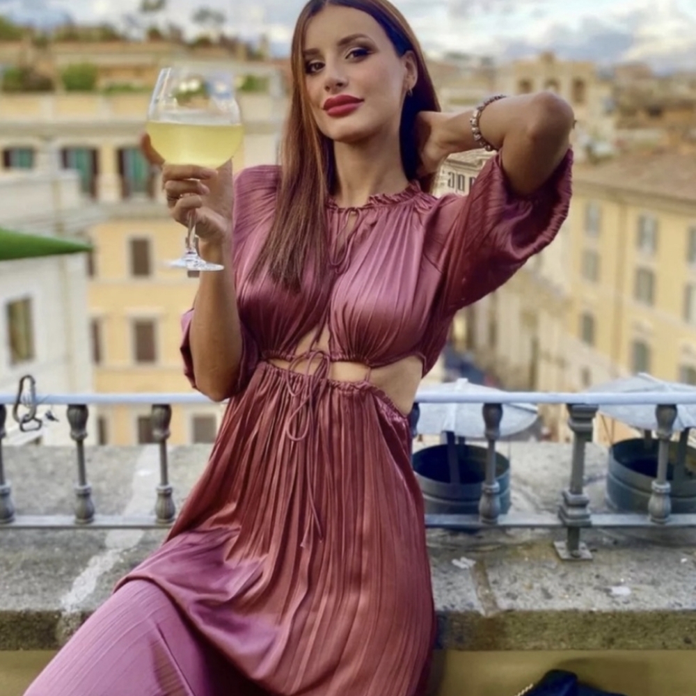 Zara Mauve Satin Cut Out Balloon Sleeve Maxi Dress Gown